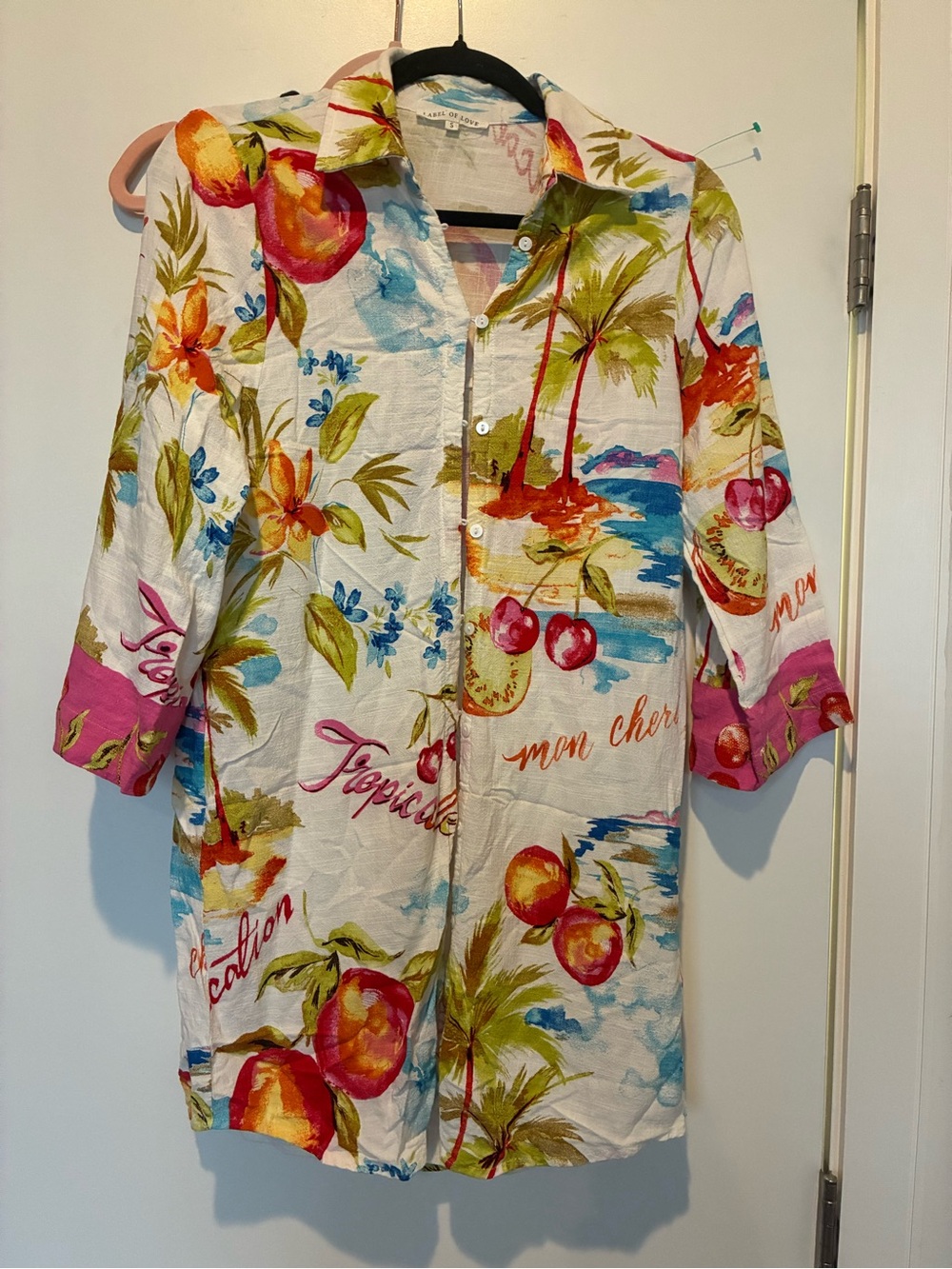 Anthropologie White Tropical Print Button-Up Tunic with Pink Accents